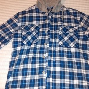 Men's flannel button up with hood. Size large. Like new. Light wieght